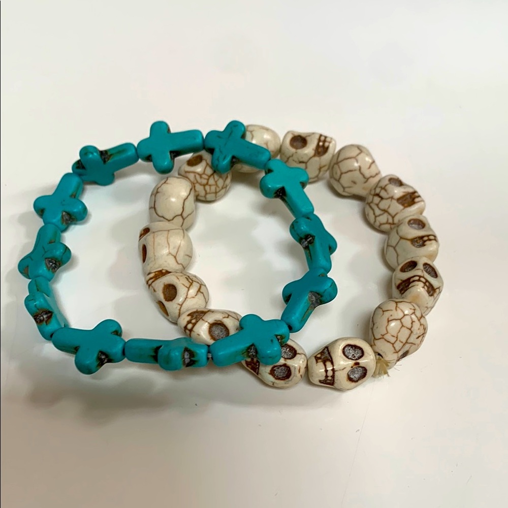 ✝️💀Turquoise Crosses and Cream Skull Bracelets💀✝️